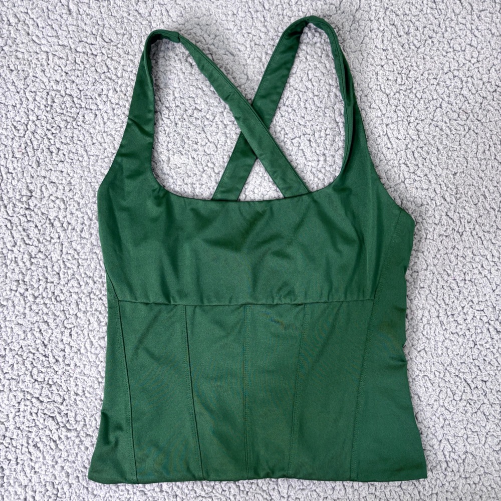 STAUD Corset Tank Top Medium Green Crisscross Back Athleisure Quiet Luxury